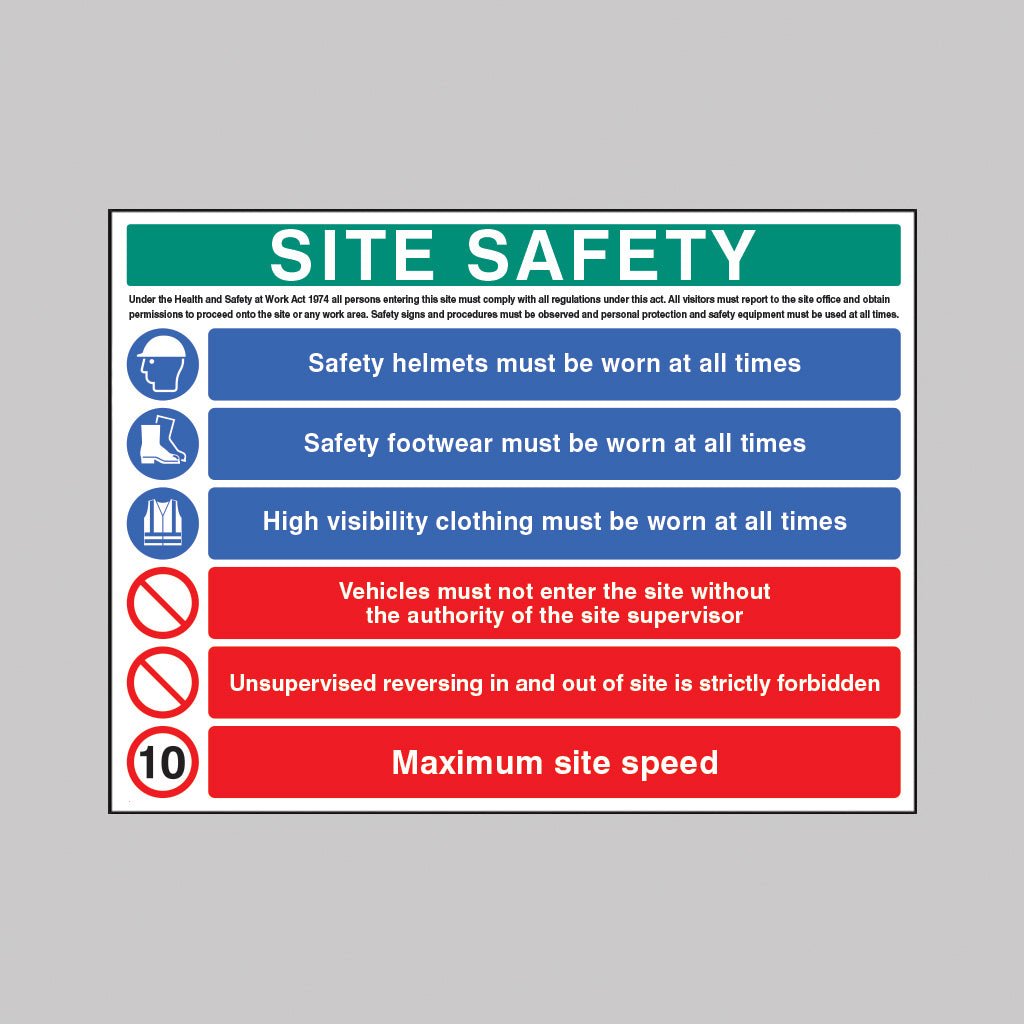 Site Safety - Hard Hat, Hivis, Boots, 10mph Sign - Ready Set SuppliedSite Safety - Hard Hat, Hivis, Boots, 10mph SignRigid Plastic16596Q