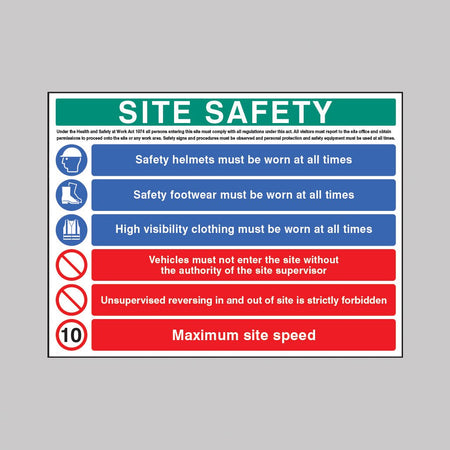 Site Safety - Hard Hat, Hivis, Boots, 10mph Sign - Ready Set SuppliedSite Safety - Hard Hat, Hivis, Boots, 10mph SignRigid Plastic16596Q