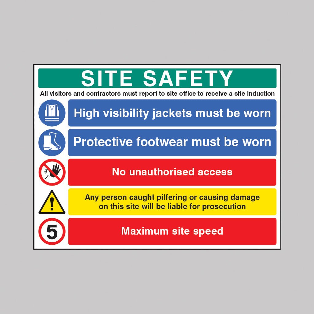 Site Safety - Hard Hat, Hivis, Boots, 5mph Sign - Ready Set SuppliedSite Safety - Hard Hat, Hivis, Boots, 5mph SignRigid Plastic16597Q