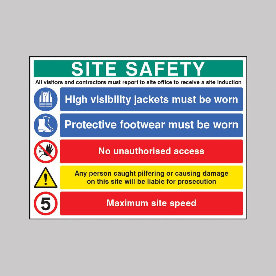Site Safety - Hard Hat, Hivis, Boots, 5mph Sign - Ready Set SuppliedSite Safety - Hard Hat, Hivis, Boots, 5mph SignRigid Plastic16597Q
