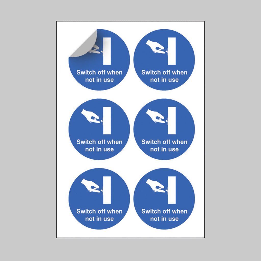Switch Off When Not In Use 65mm Dia - Sheet of 6 Peel 'N' Stick Labels - Ready Set SuppliedSwitch Off When Not In Use 65mm Dia - Sheet of 6 Peel 'N' Stick Labels51653