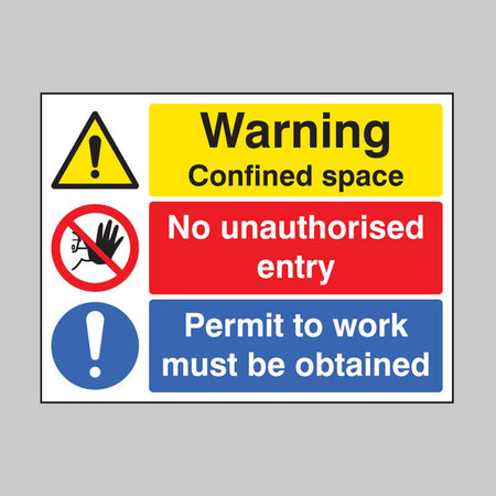 Warning Confined Space No Entry Permit To Work Sign - Ready Set SuppliedWarning Confined Space No Entry Permit To Work SignQuick-Fix Rigid PVC with SAV Backing86264H