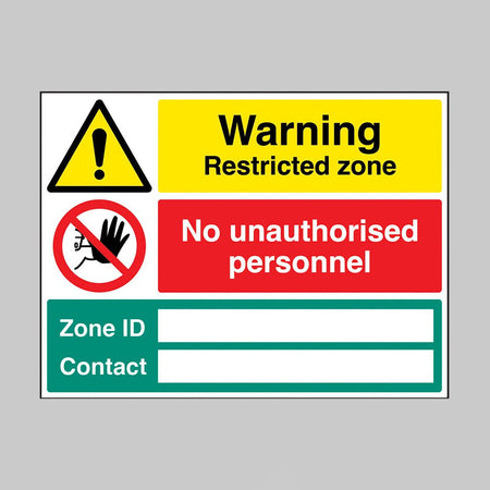 Warning Restricted Zone: Authorised Personnel Only, Zone Identification (Banks Space), Contact (Blank Space) Sign - Ready Set SuppliedWarning Restricted Zone: Authorised Personnel Only, Zone Identification (Banks Space), Contact (Blank Space) SignRigid Plastic17181Q