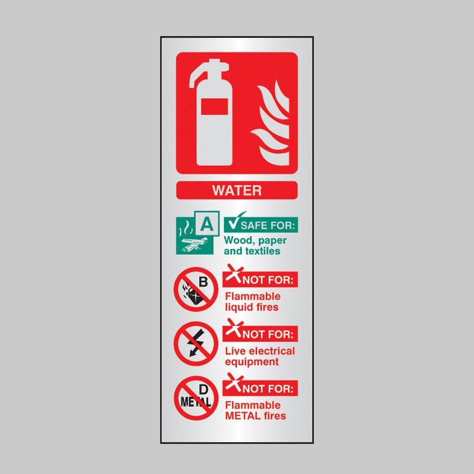 Water Extinguisher Identification Anodised Aluminium 75 x 200mm Adhesive Backed Sign - Ready Set SuppliedWater Extinguisher Identification Anodised Aluminium 75 x 200mm Adhesive Backed Sign59186